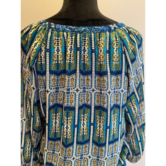 FIGUEROA & Flower Blouse Sz Large Boho Peasant Elastic Waist Blue Green Top - Picture 6 of 12